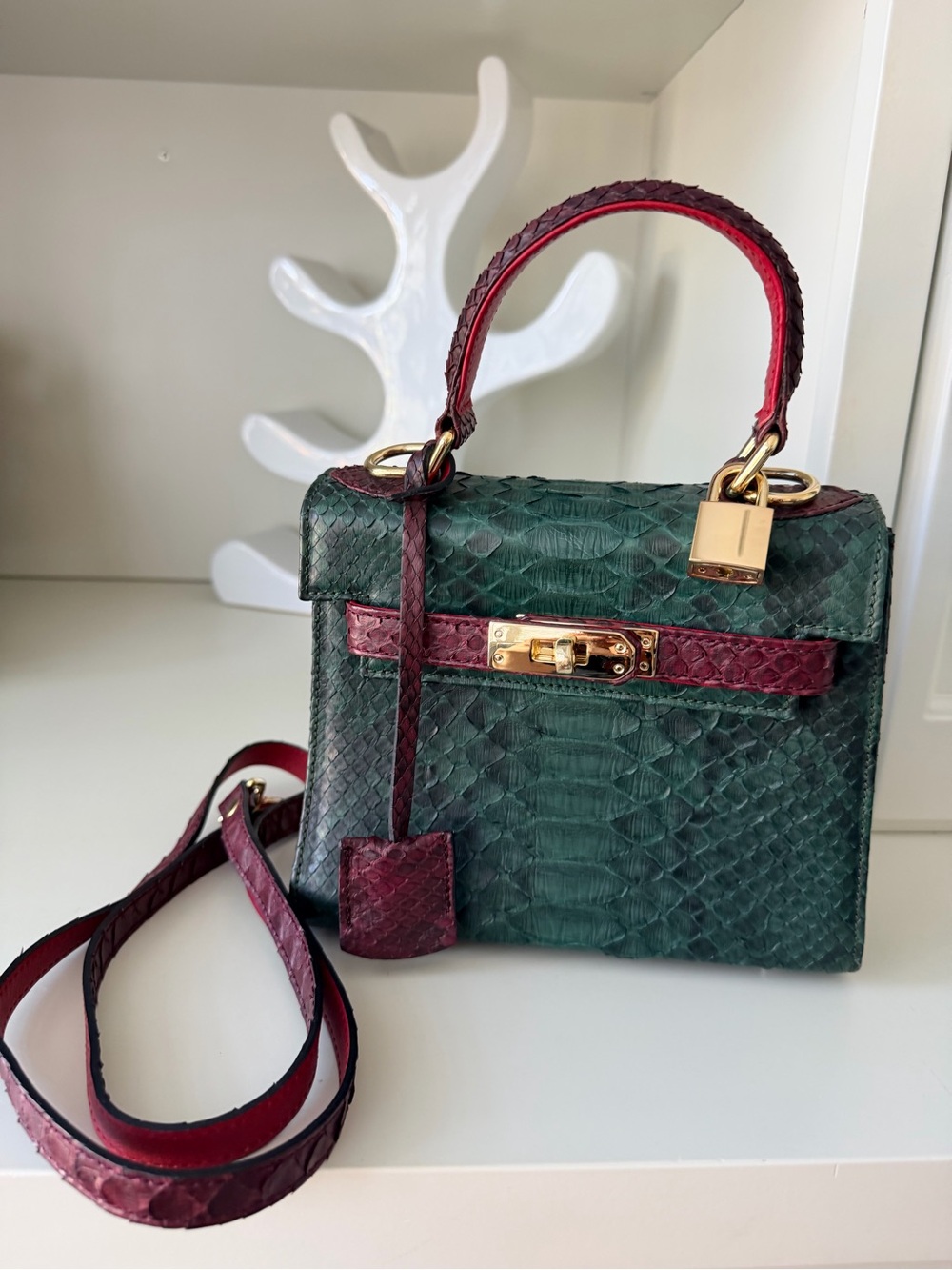 IMPERIO CLANDESTINO Luna Mini Green & Burgundy Python Leather Purse $900 Retail - Picture 2 of 16